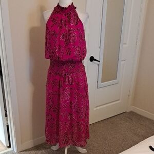 White House Black Market Dress Women’s 10 Pink Floral Burnout Smocked EUC